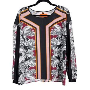 Clover Canyon Medium M Geometric Flower Drawing Blouse Top Long Sleeve Keyhole